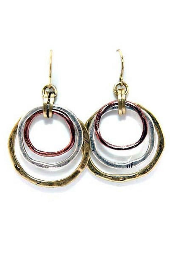 Sculptured Circles Drop Earrings Tri Tone White Yellow Pink