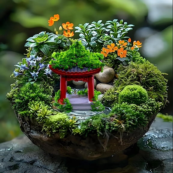 Sculptures and Statues Garden Bridge Pavilion Rockery for Zen, Japanese- Resin Ornament for Indoor Spaces, 3×2×3.9 cm, Color A