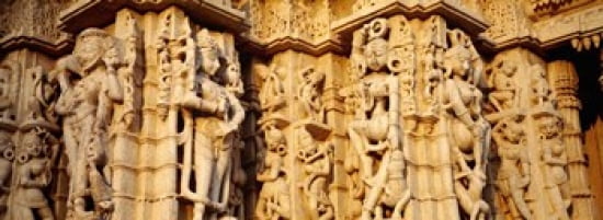 Sculptures carved on a wall of a temple Jain Temple Ranakpur Rajasthan India Canvas Art - Panoramic Images (36 x 13)