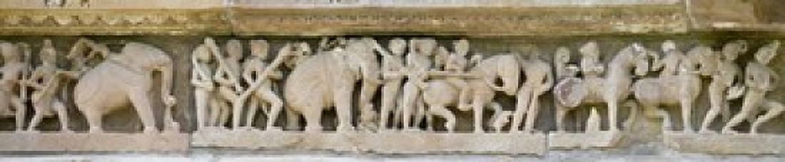 Sculptures detail of a temple Khajuraho Chhatarpur District Madhya Pradesh India Canvas Art - Panoramic Images (38 x 8)