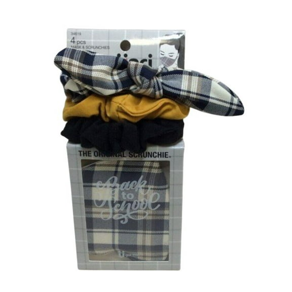 Scunci 1 Scrunchie Mask & 3 Hair Scrunchies Plaid, Black Gold
