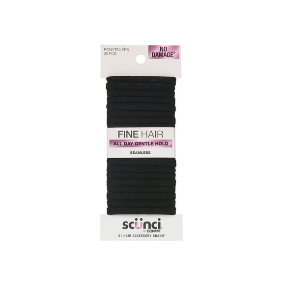 Scunci No Damage Hosiery Ponytail Hair Ties, Black, 20 Count