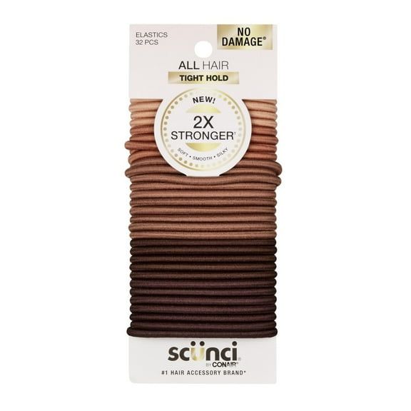 Scunci 2x Stronger Elastic All Hair Ponytail Hair Ties, Brown, 32 Count