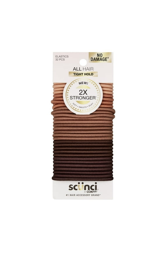 2x Stronger Elastic All Hair Ponytail Hair Ties, Brown, 32 Count