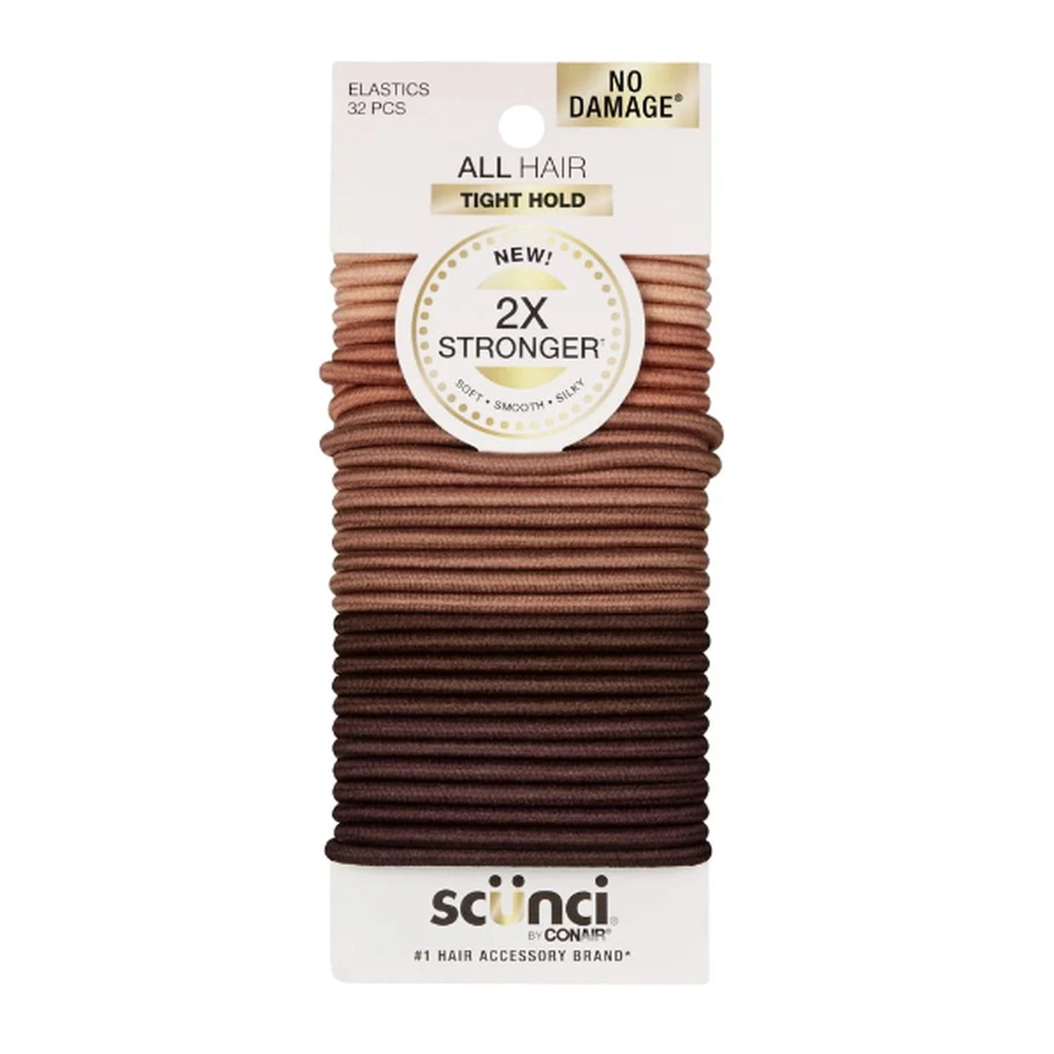 Scunci 2x Stronger Elastic All Hair Ponytail Hair Ties, Brown, 32 Count