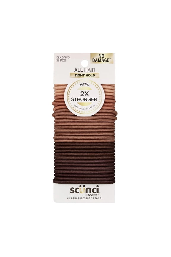 2x Stronger Elastic All Hair Ponytail Hair Ties, Brown, 32 Count