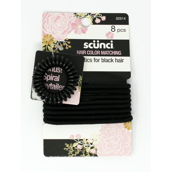 Scunci Black Elastics 8 pcs With Spiral Ponytailer, Pack of 2, Packaging may vary