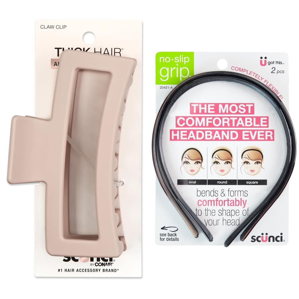 Scunci Blush Beige Soft Touch Open Cut Rectangle Claw Clip & No-Slip Grip Flexible Plastic Skinny Headbands in Black and Brown, 2 Ct