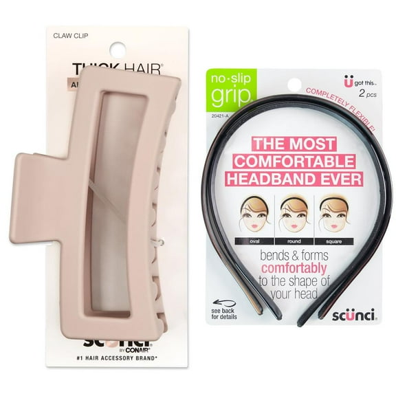 Scunci Blush Beige Soft Touch Open Cut Rectangle Claw Clip & No-Slip Grip Flexible Plastic Skinny Headbands in Black and Brown, 2 Ct