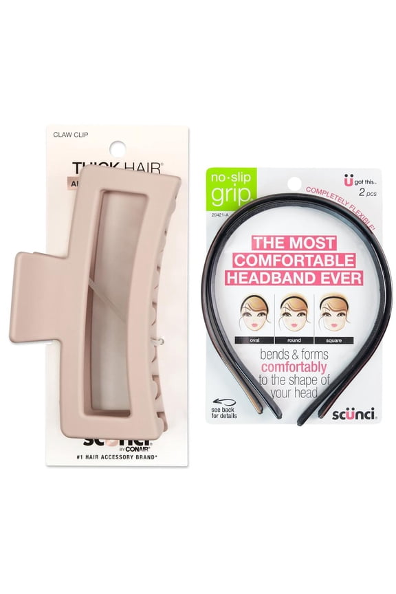 Blush Beige Soft Touch Open Cut Rectangle Claw Clip & No-Slip Grip Flexible Plastic Skinny Headbands in Black and Brown, 2 Ct