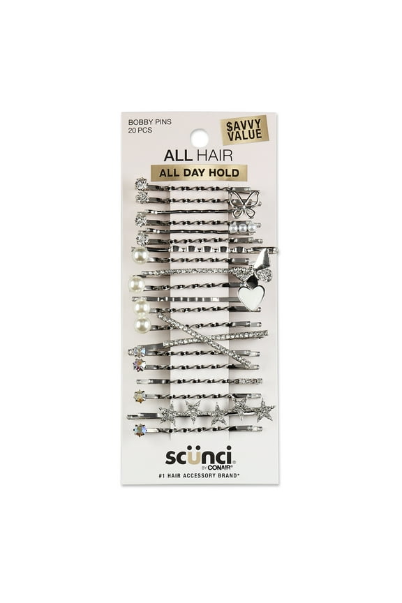 Pearl and Crystal Embellishment Bobby Pins, Silver, 20 Count