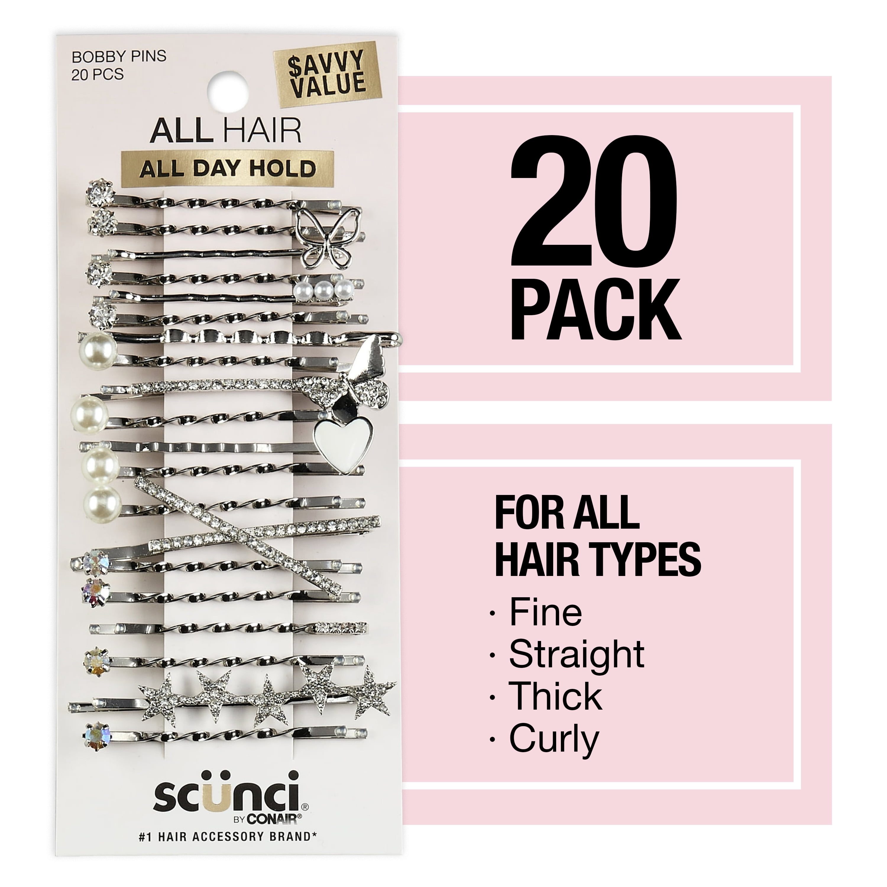 Pearl and Crystal Embellishment Bobby Pins, Silver, 20 Count