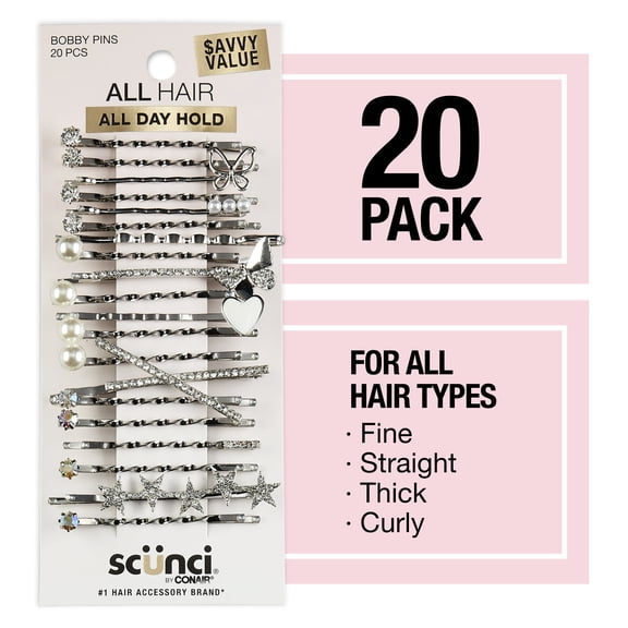 Scunci Pearl and Crystal Embellishment Bobby Pins, Silver, 20 Count