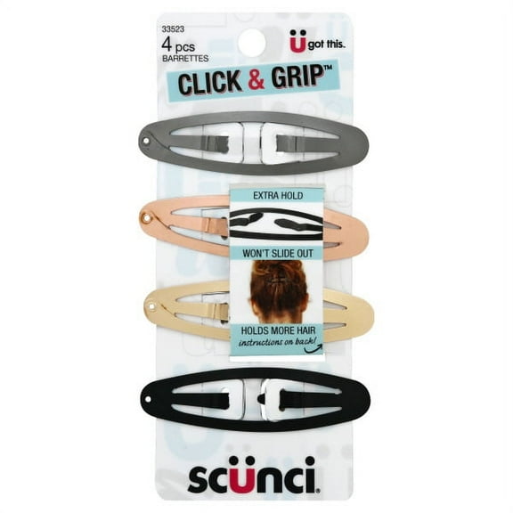 Scunci Clip & Grip Double Hair Barrettes, Assorted Colors, 4-Pieces