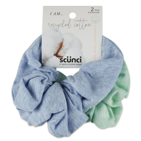 Scunci Earth-Friendly Planet Upcycled Cotton Jumbo Scrunchie Hair Ties, Blue and Mint Green, 2 Ct