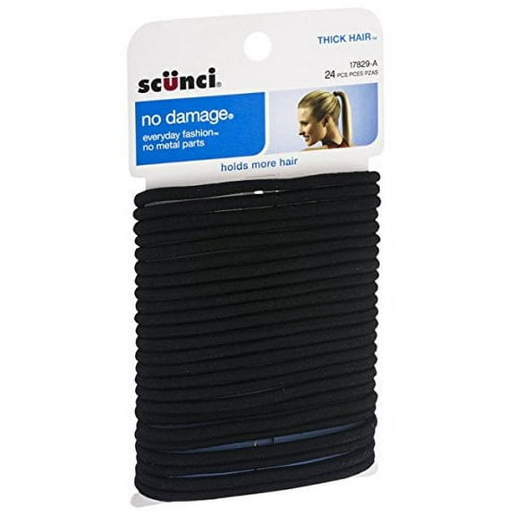 Scunci Effortless Beauty Thick Hair No-damage Black Elastics, 24 Count