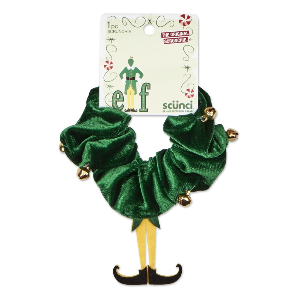 Scunci Elf Scrunchie Hair Tie with Jingle Bells and Buddy the Elf Legs, Green