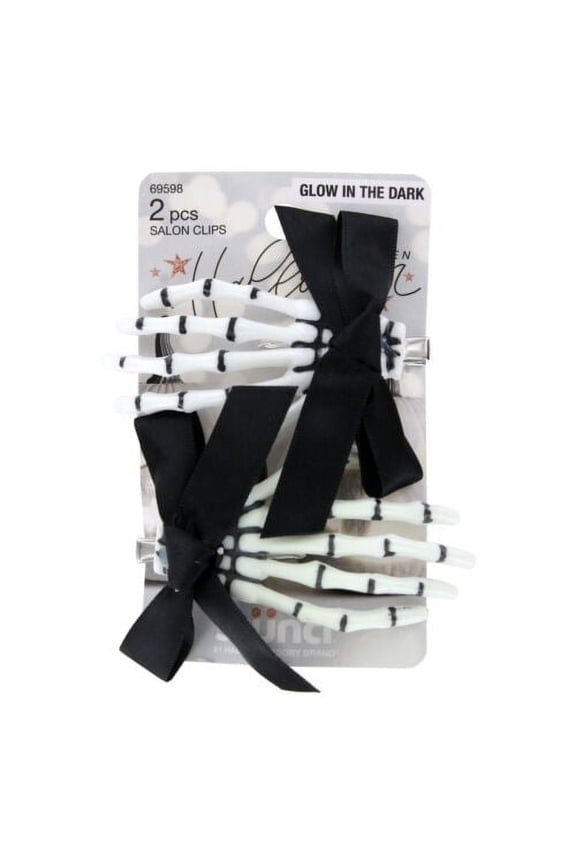 Glamoween Glow-in-the-Dark Skeleton Hand Hair Clips, Black & White Halloween Theme, 2 Ct