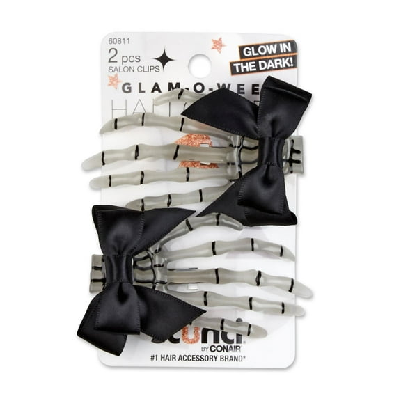 Scunci Glamoween Glow in the Dark Skeleton Hands Halloween Theme Hair Clips, 2-Pieces