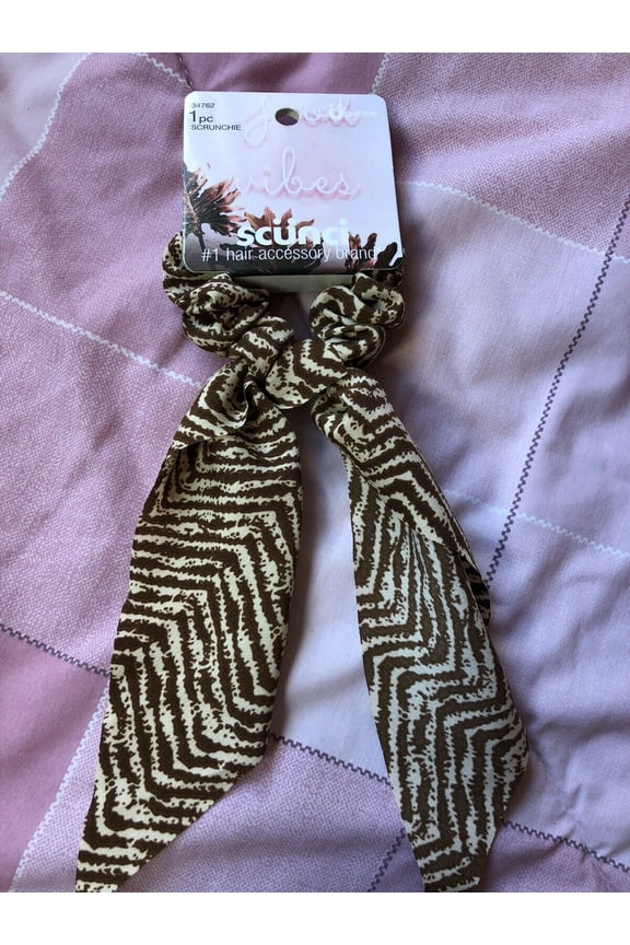 Hair Tie Bow Brown Beige Print Good Vibes Scrunchie
