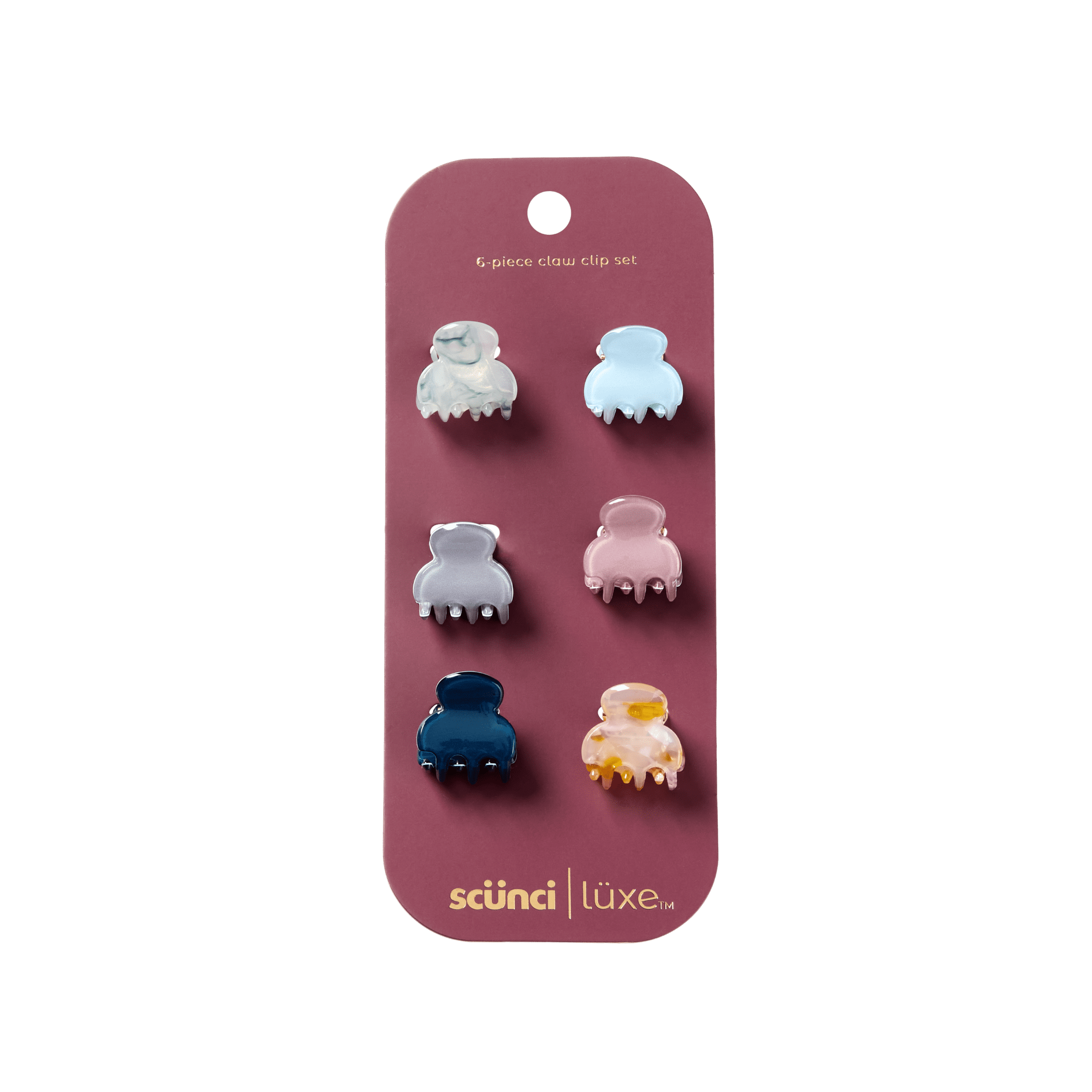 Scunci Luxe by Conair Acrylic Mini Claw Clips, Marble Design & Solid Tone Hair Clips, 6 Count