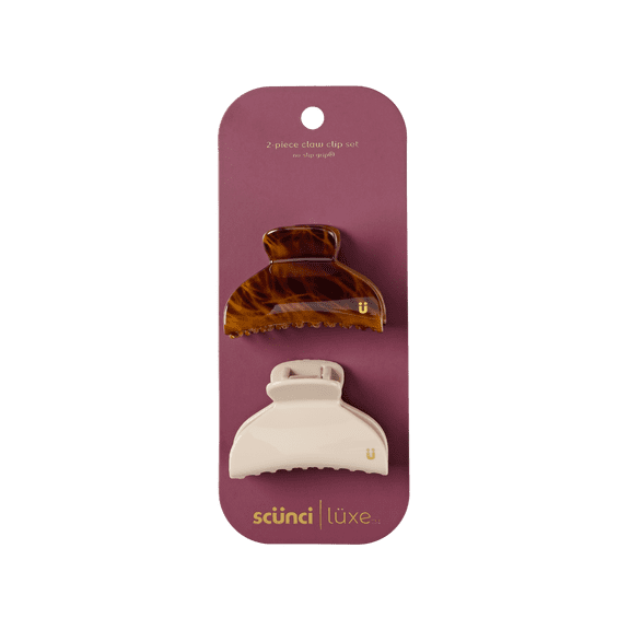 Scunci Luxe by Conair No-Slip Grip Mini Claw Clips, Tiger Tortoiseshell & Neutral Sand, 2 Count