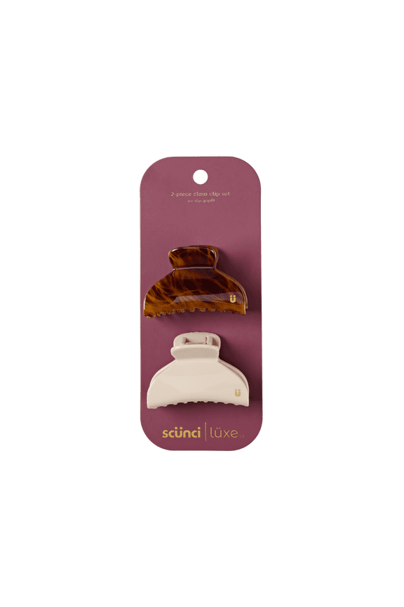 Luxe by Conair No-Slip Grip Mini Claw Clips, Tiger Tortoiseshell & Neutral Sand, 2 Count