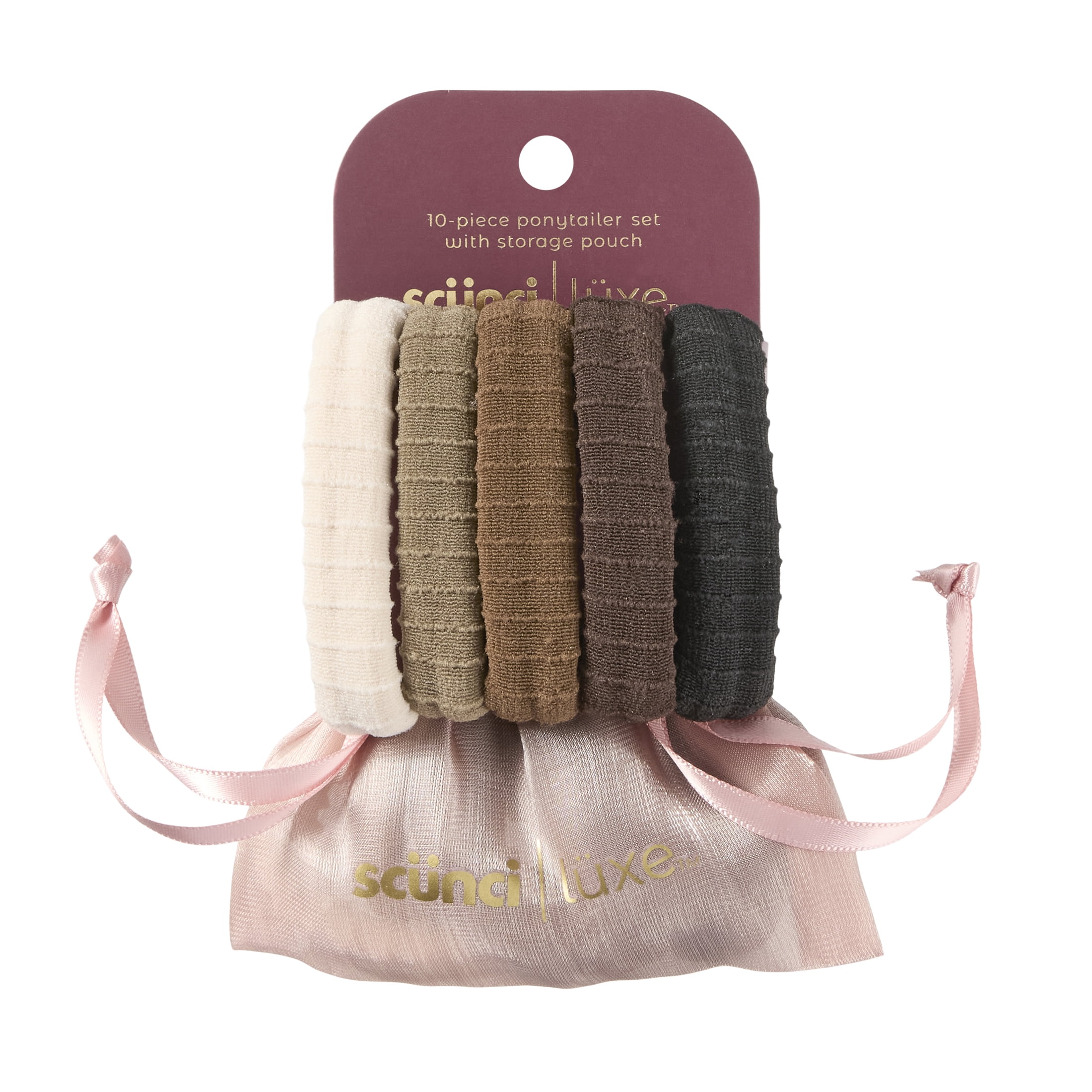 Scunci Luxe by Conair Striped Ponytailers, Multicolored Neutrals, with Storage Bag, 10 Count