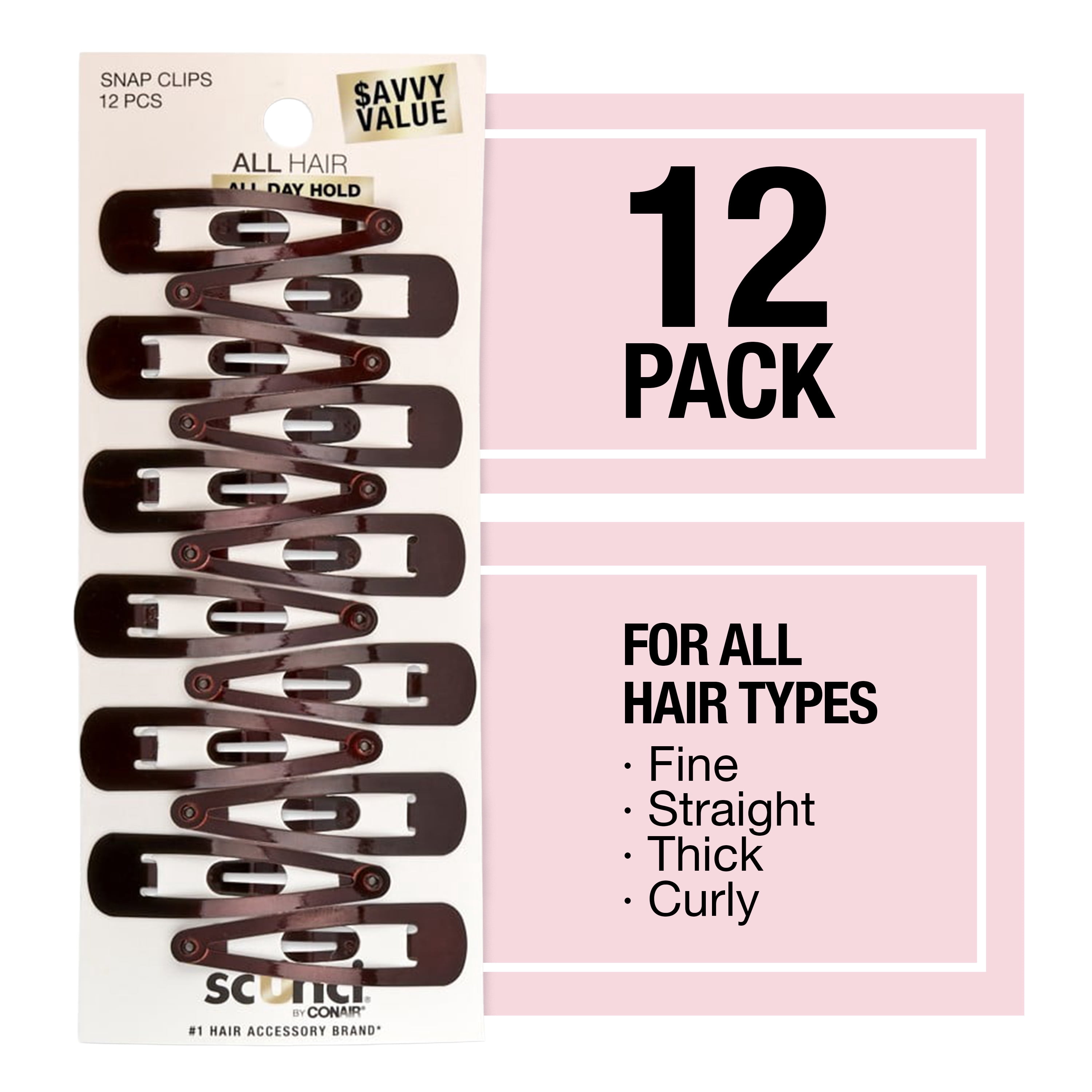 Metal Snap Hair Clips, Brown, 12 Count