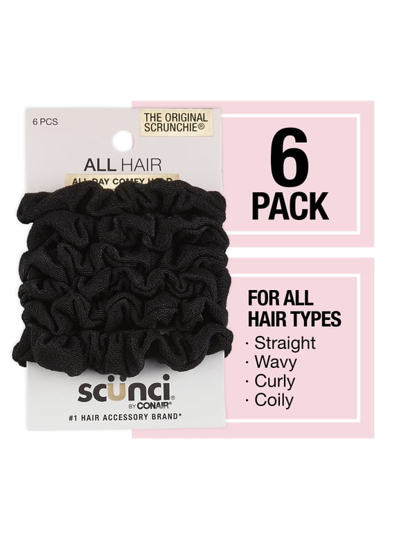 Mini Washable Scrunchie Hair Ties, Black, 6 Count