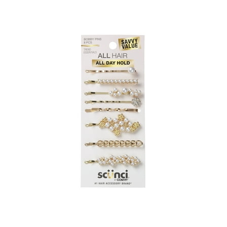 Scunci Mixed Pearl Bobby Pins, Gold, 8 Count