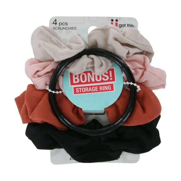 Scunci No Damage 4-Piece Scrunchies Set with BONUS Storage Ring, Seamless All-Day Hold Hair Ties, Assorted Colors