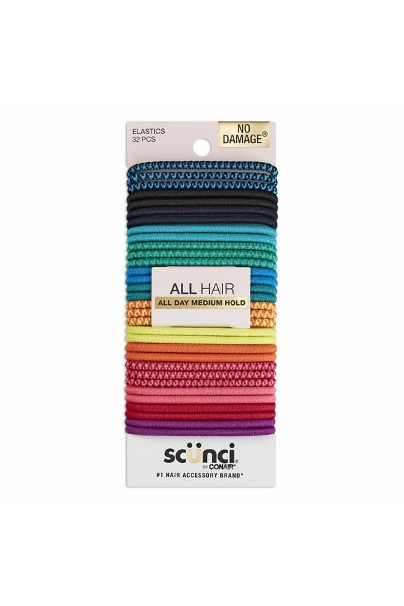 No Damage Elastic Nylon Ponytail Holder Hair Ties, Multi-Color Solids and Patterns, 32 Ct