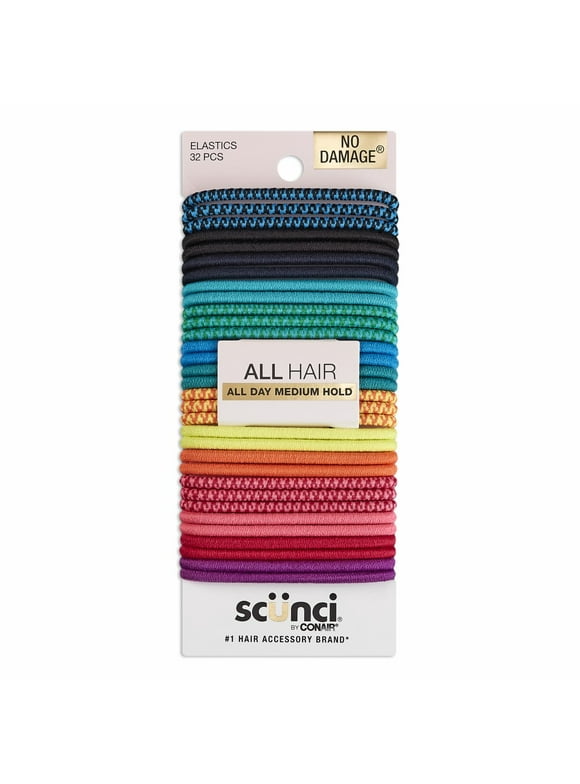 Scunci No Damage Elastic Nylon Ponytail Holder Hair Ties, Multi-Color Solids and Patterns, 32 Ct