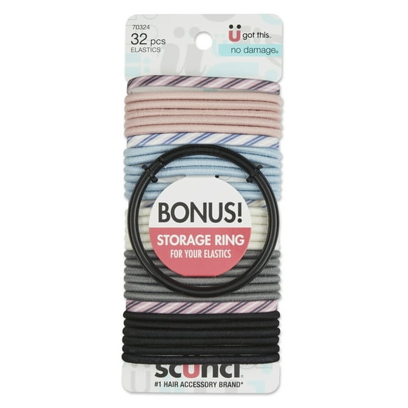 Scunci No Damage Elastic Ponytail Holder Hair Ties with Storage Ring, Assorted Pastels, 32 Ct