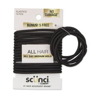 Scunci No Damage Elastic Stretch Nylon Ponytail Holder Hair Ties, Black, 15 Ct + 5 Bonus