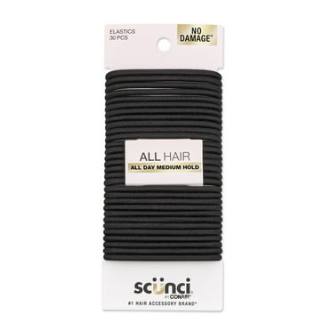 Scunci No Damage Elastic Stretch Nylon Ponytail Hair Ties, Black, 30 Count