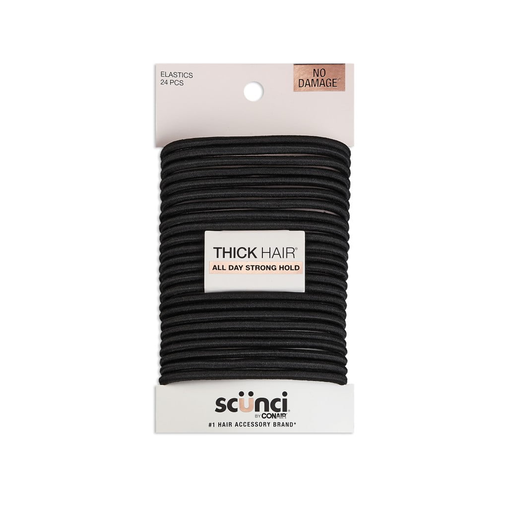 Scunci No Damage Elastic Stretch Nylon Ponytail Holder Thick Hair Ties, Black, 24 Ct