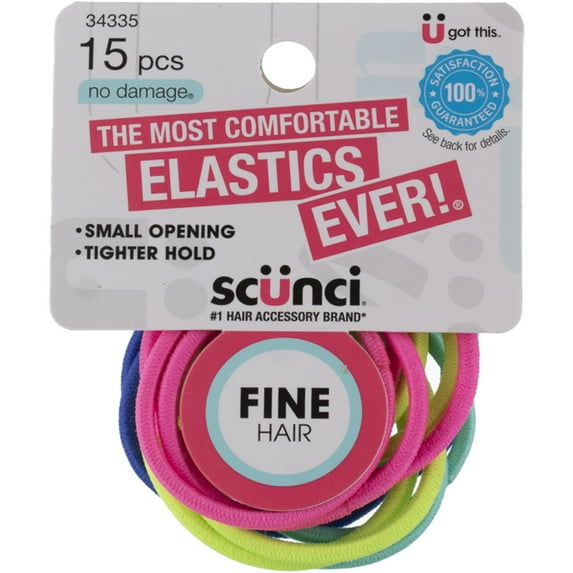 Scunci No Damage FIne Hair Hair Elastics, Assorted Colors, 15 Ct