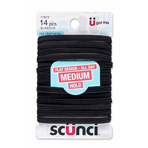 Scunci No Damage Flat Design Hair Ties, Medium Hold, Black 14-Pieces (Pack of 10)