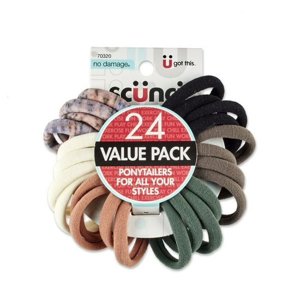 Scunci No-Damage Hosiery Ponytail Holder Hair Ties, Assorted Neutral Colors, 24 Ct