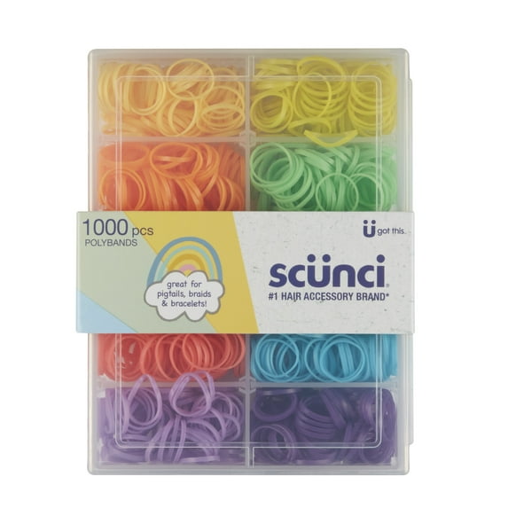 Scunci No-Damage Mini Poly-Band Ponytail Holder Hair Ties with Case, Assorted Bright Colors, 1000 Ct