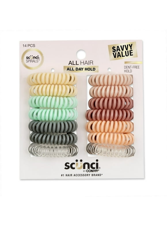 Scunci No-Damage Plastic Coiled Ponytail Holder Hair Ties, Assorted Pastels, 14 Ct