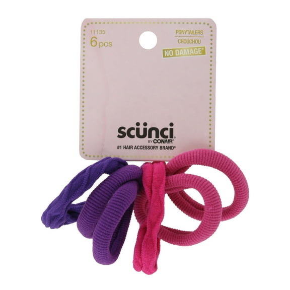 Scunci No Damage Soft Hair Tie Ponytailers, Assorted Colors will Vary, 6-Pieces