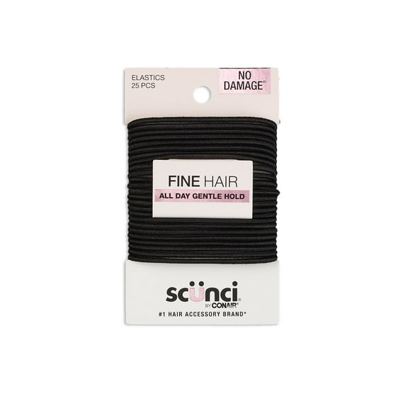 Scunci No Damage Thin Elastic Stretch Nylon Ponytail Hair Ties, Black, 25 Count