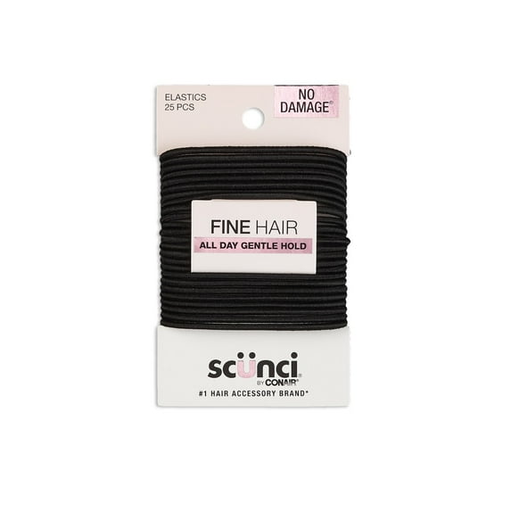 Scunci No Damage Thin Elastic Stretch Nylon Ponytail Hair Ties, Black, 25 Count
