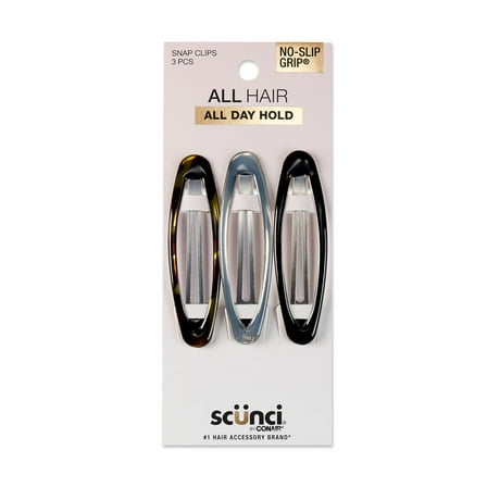 Scunci No-Slip Grip Oval Snap Hair Clips, Multicolor, 3 Count