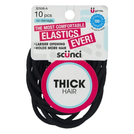 Scunci Nylon Elastic Hairband With Larger Opening for Thick Hair, Black, 10ct