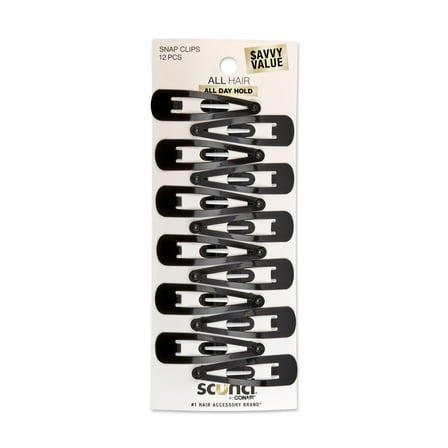 Scunci Open Center Metal Snap Clip Hair Barrettes, Black, 12 Count