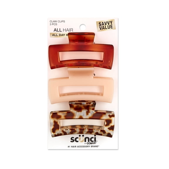 Scunci Open Cut Rectangular Claw Clips, Assorted Neutrals, 3 Count